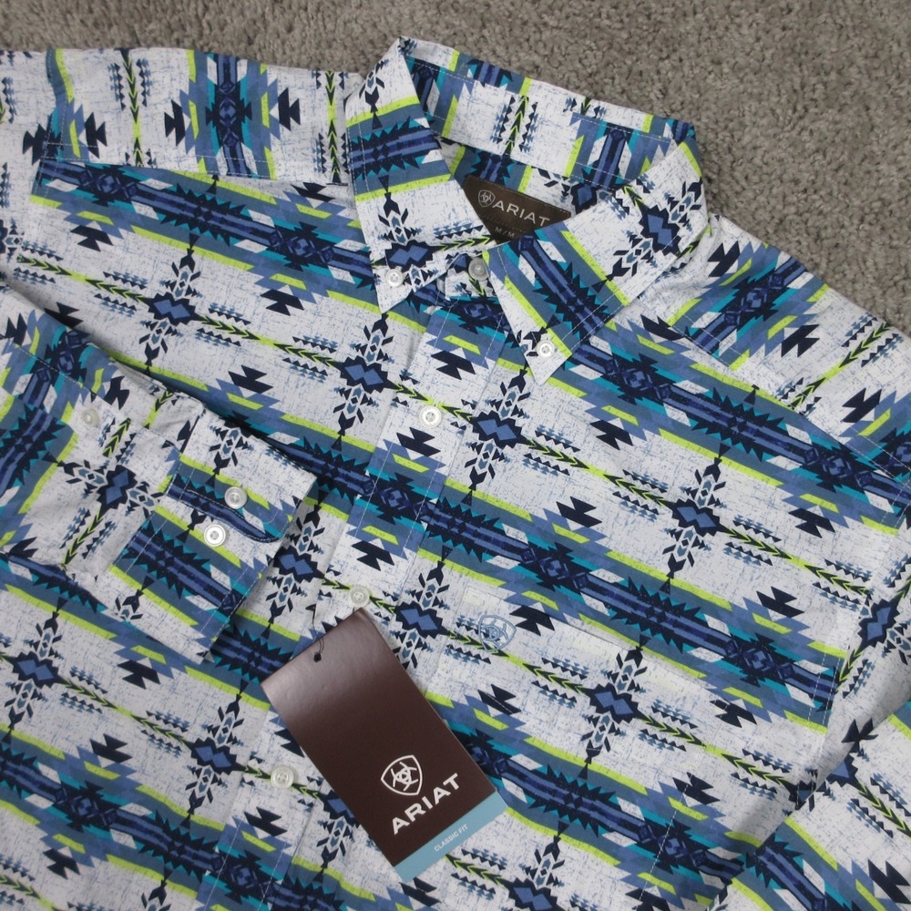 Ariat Shirt Mens Medium Blue Aztec Print Irvin Classic Fit Western Button Up NEW